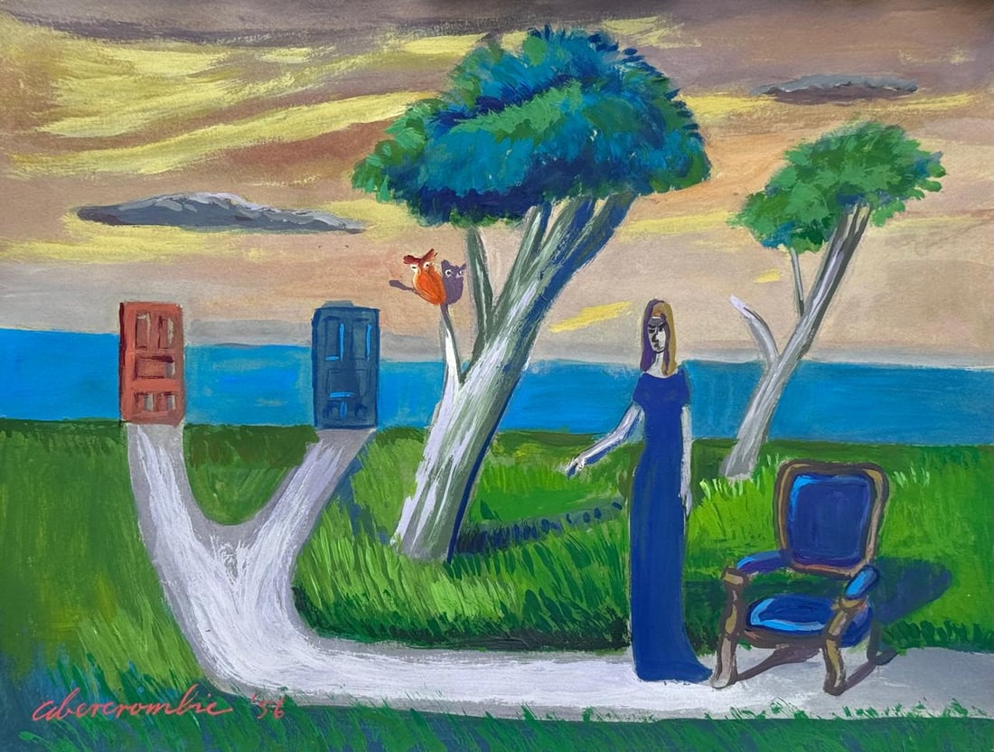 Gertrude Abercrombie (Drawing on Paper Painting) Style of: Drawing on paper 8 x 10½ inches, rendered in the style of Gertrude Abercrombie (17 Feb 1909 - 03 Jul 1977) was an American painter based in Chicago. Called "the queen of the bohemian artists", 