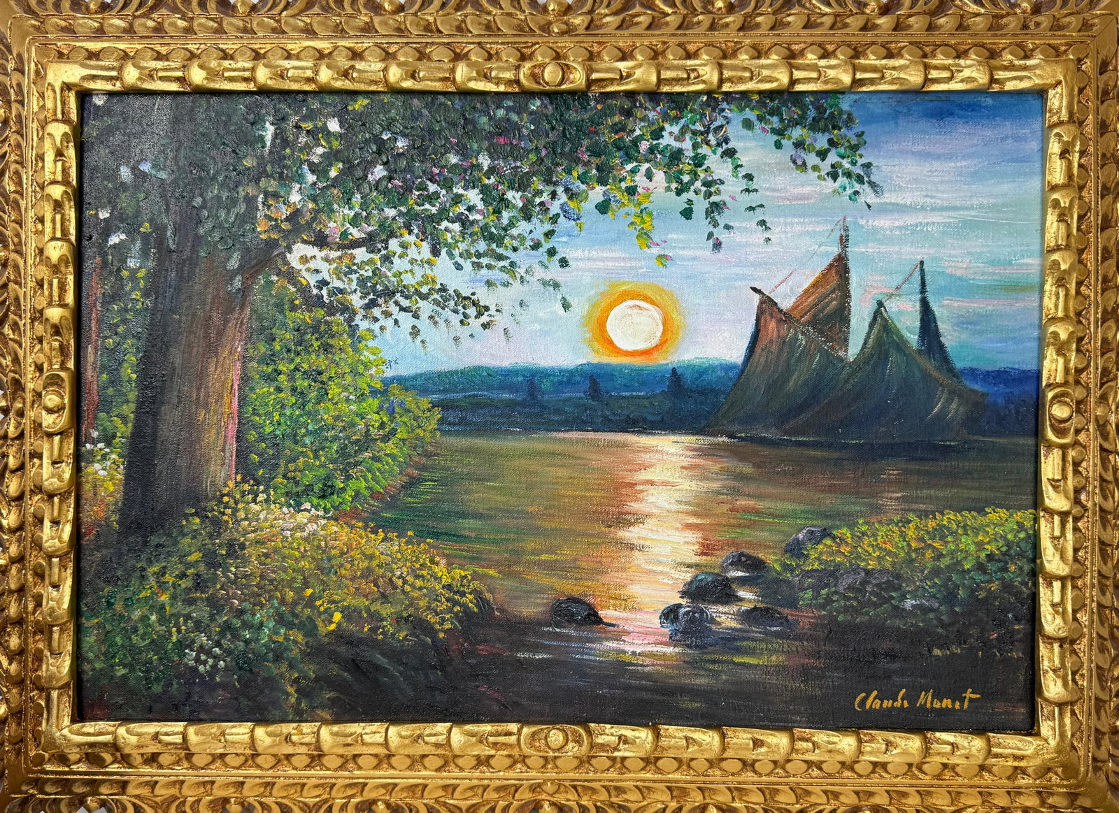 Claude Monet French (Oil on canvas painting) Style of: Oil on canvas painting 21 x 29 inches, rendered in the style of Claude Monet (14 Nov 1840 - 05 Dec 1926) was a French painter and founder of impressionist painting who is seen as a key precursor to mo