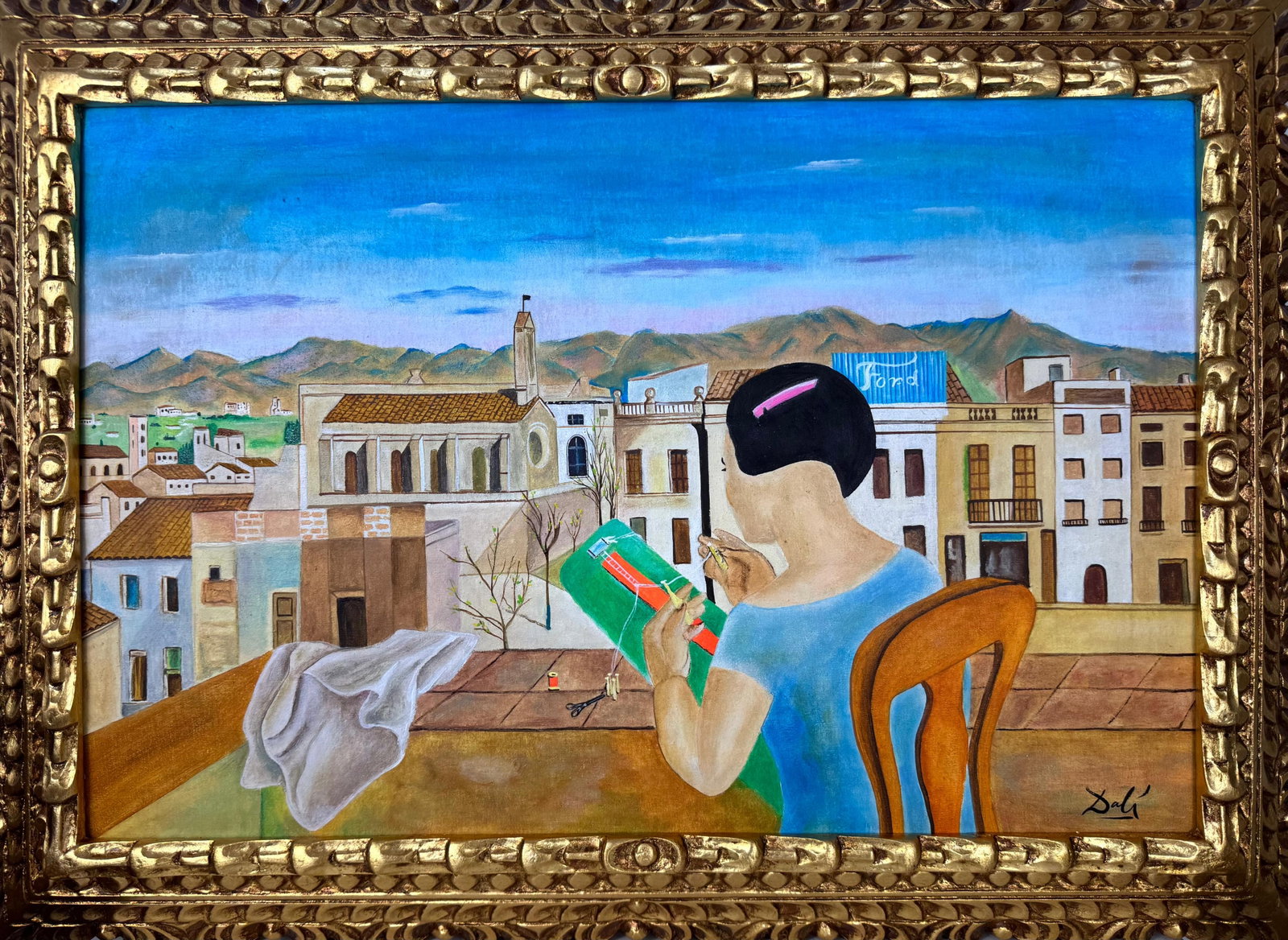 Salvador Dali Spanish (Oil on canvas painting) Style of: Oil on canvas painting 21 x 29 inches, rendered in the style of Salvador Dali between (11 May 1904 - 23 Jan 1989) was a Spanish surrealist artist, painter and printmaker, influential for his explorati