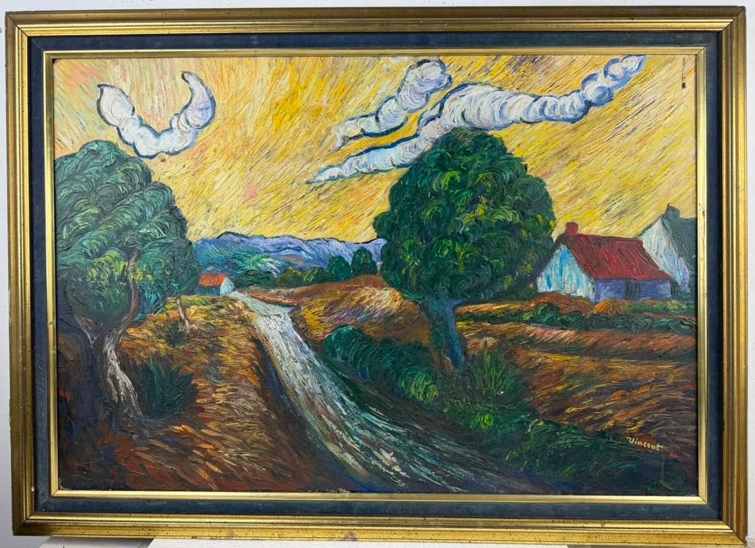 Vincent Van Gogh (Oil on cardboard painting) Style of: Oil on cardboard painting 30½ x 42 inches, rendered in the style of Vincent Van Gogh (30 Mar 1853 - 29 Jul 1890) was a Dutch painter, generally considered to be the greatest after Rembrandt van