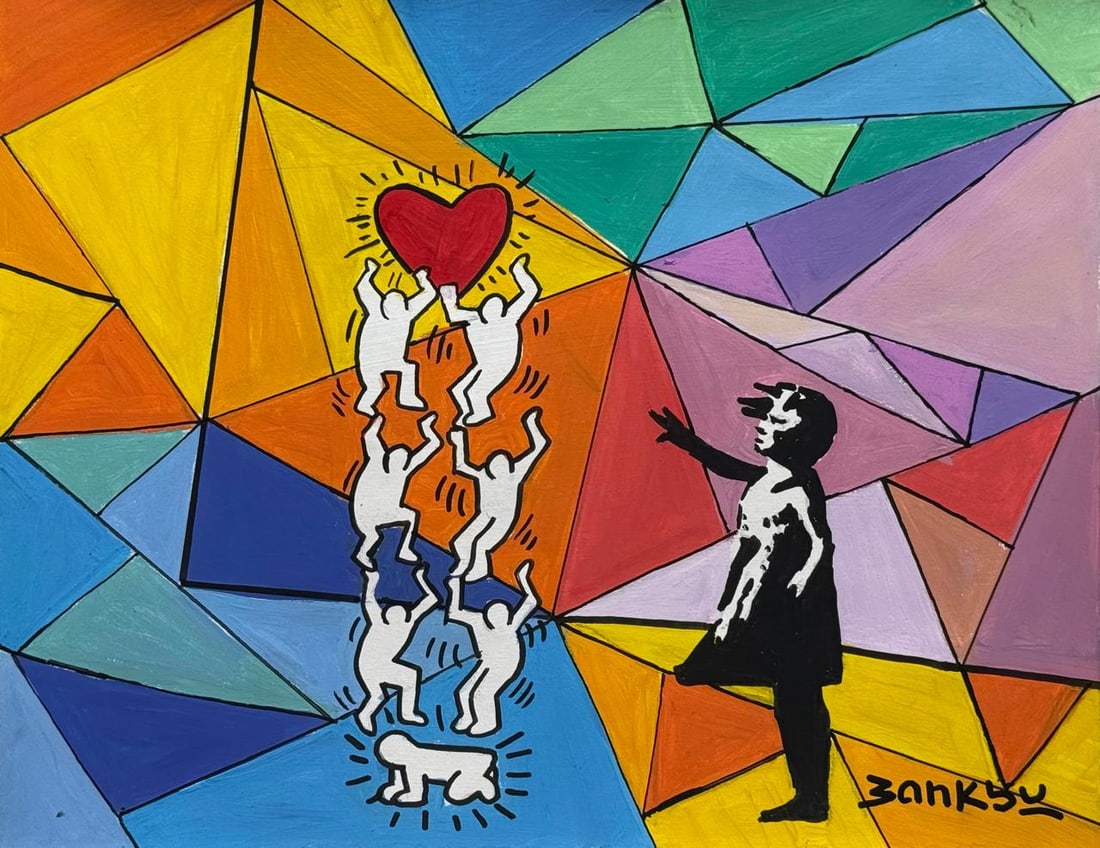 Banksy (Drawing on Paper Painting) Style of: Drawing on paper 8½ x 10½ inches, rendered in the style of Banksy is the pseudonym of a british artist named Robbie Banks, who was possibly born in the Bristol area in the mid-1970s. Pro