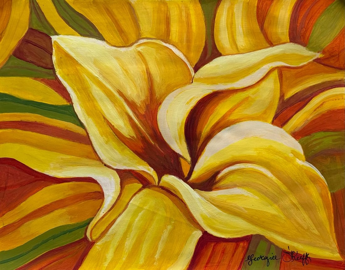 Georgia O'Keeffe (Drawing on Paper Painting) Style of: Drawing on paper 8½ x 11 inches, rendered in the style Georgia O'Keeffe (15 Nov 1887 - 06 Mar 1986) was an American modernist painter and draftswoman whose career spanned seven decades and whos