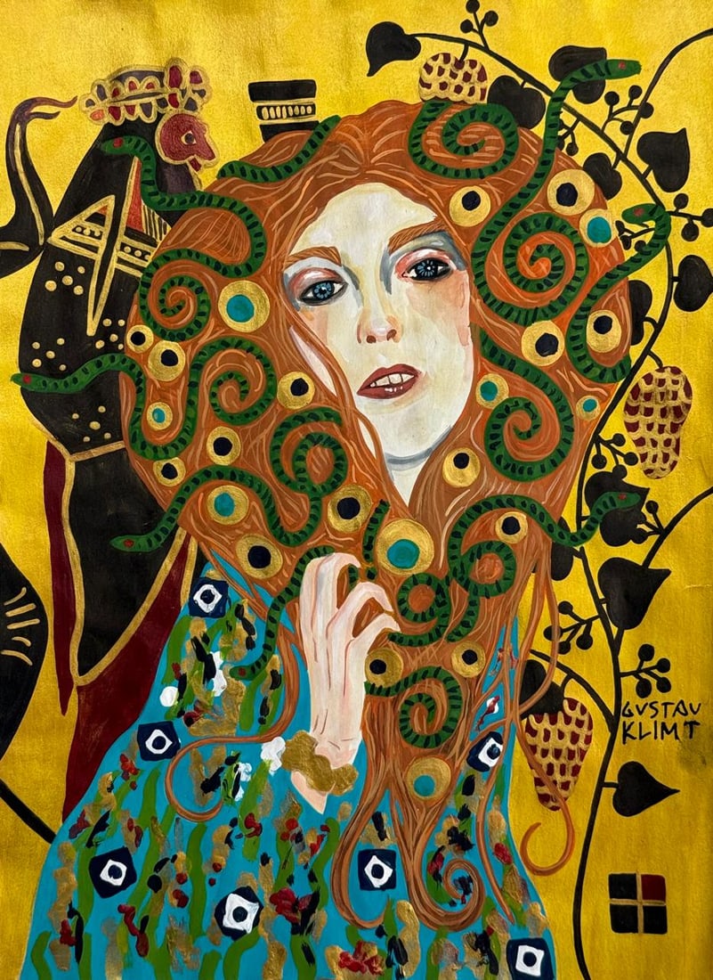 Gustav Klimt (Drawing on Paper Painting) Style of: Drawing on paper 7½ x 10½ inches, rendered in the style of Gustav Klimt (14 Jul 1862 - 06 Feb 1918) was an Austrian symbolist painter and one of the most prominent members of the Vienna 