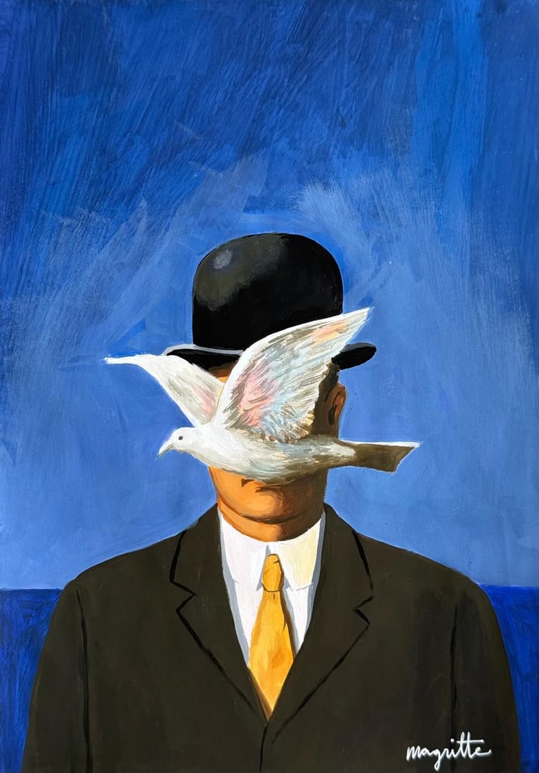 Rene Magritte (Drawing on Paper Painting) Style of: Drawing on paper 8½ x 12 inches, rendered in the style of Rene Magritte between (21 Nov 1898 - 15 Aug 1967) was a Belgian surrealist artist known for his depictions of familiar objects in unfam