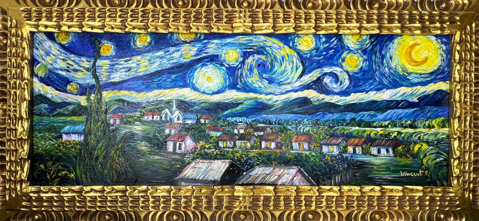 Vincent Van Gogh (Oil on canvas painting) Style of: Oil on canvas painting 17½ x 37½ inches, rendered in the style of Vincent Van Gogh (30 Mar 1853 - 29 Jul 1890) was a Dutch painter, generally considered to be the greatest after Rembrand
