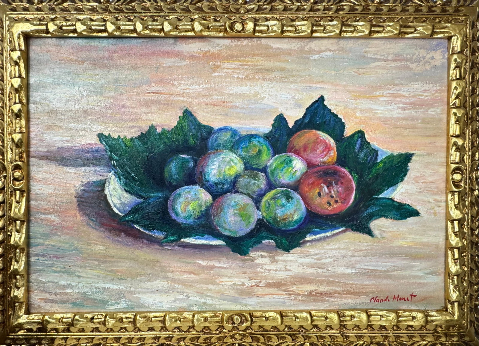 Claude Monet French (Oil on canvas painting) Style of: Oil on canvas painting 21 x 29 inches, rendered in the style of Claude Monet (14 Nov 1840 - 05 Dec 1926) was a French painter and founder of impressionist painting who is seen as a key precursor to mo