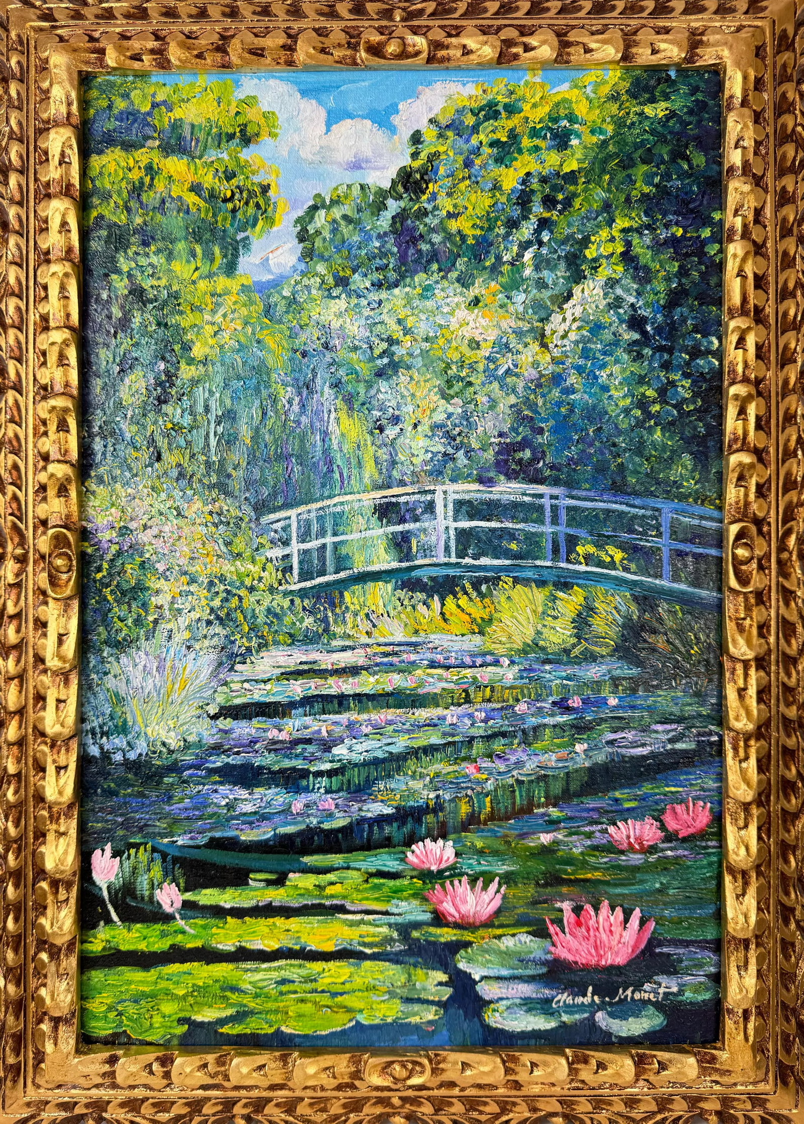Claude Monet French (Oil on canvas painting) Style of: Oil on canvas painting 21 x 29 inches, rendered in the style of Claude Monet (14 Nov 1840 - 05 Dec 1926) was a French painter and founder of impressionist painting who is seen as a key precursor to mo