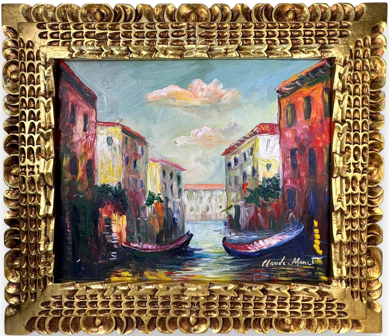 Claude Monet French (Oil on canvas painting) Style of: Oil on canvas painting 18 x 21 inches, rendered in the style of Claude Monet (14 Nov 1840 - 05 Dec 1926) was a French painter and founder of impressionist painting who is seen as a key precursor to mo
