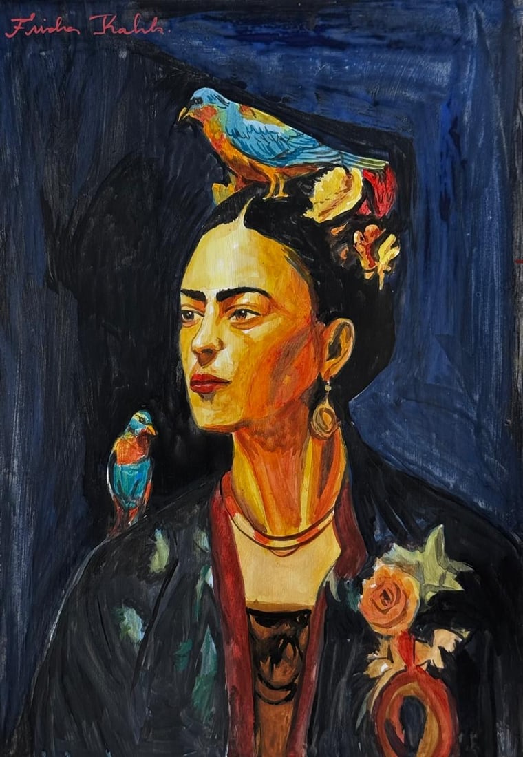 Frida Kahlo (Drawing on Paper Painting) Style of: Drawing on paper 8 x 11½ inches, rendered in the style of Frida Kahlo (06 Jul 1907 - 13 Jul 1954) was a Mexican painter known for her many portraits, self-portraits, and works inspired by the n