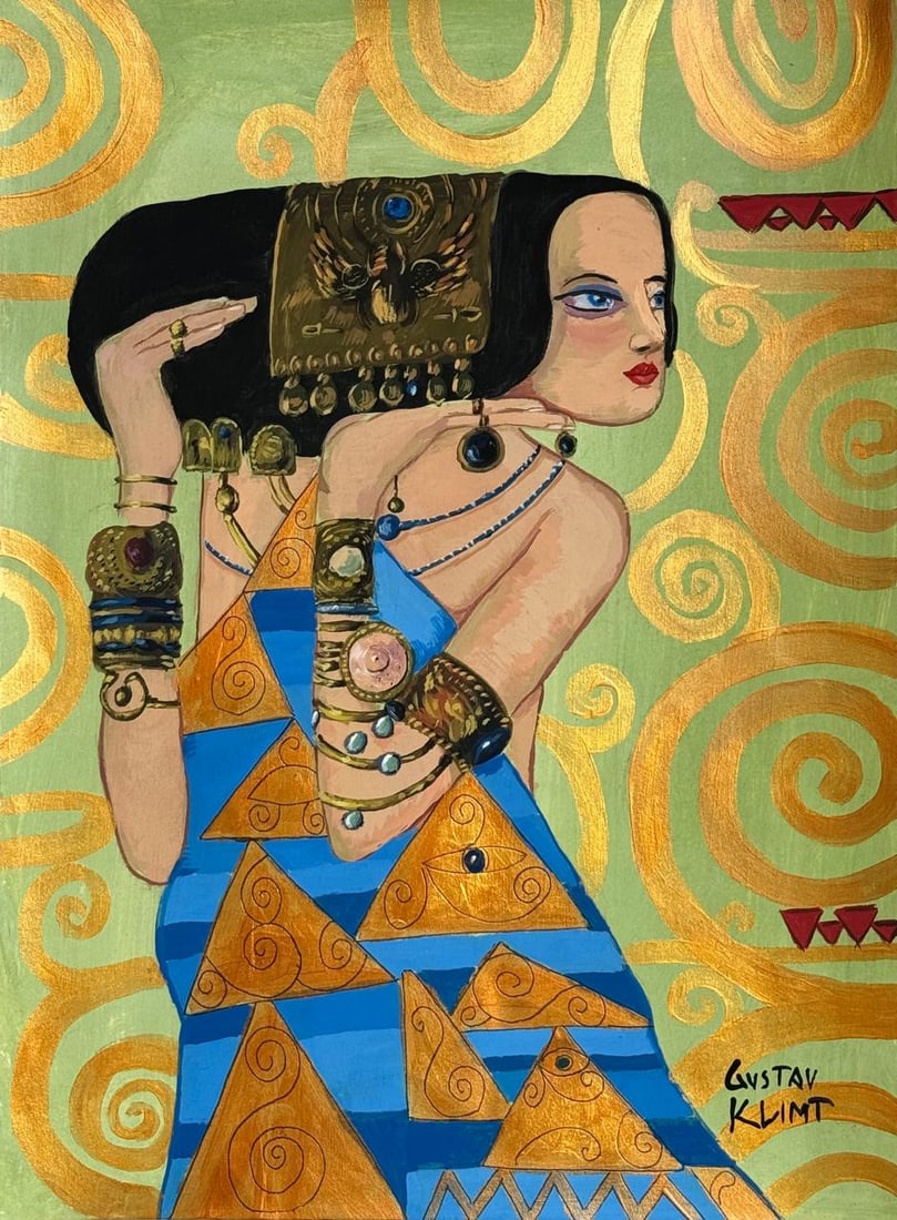 Gustav Klimt (Drawing on Paper Painting) Style of: Drawing on paper 8 x 11 inches, rendered in the style of Gustav Klimt (14 Jul 1862 - 06 Feb 1918) was an Austrian symbolist painter and one of the most prominent members of the Vienna Secession moveme