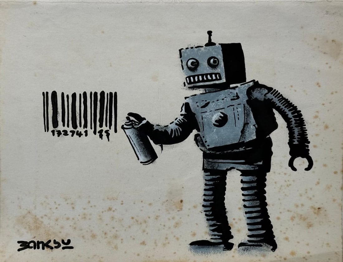 Banksy (Drawing on Paper Painting) Style of: Drawing on paper 8½ x 11 inches, rendered in the style of Banksy is the pseudonym of a british artist named Robbie Banks, who was possibly born in the Bristol area in the mid-1970s. Provenance: