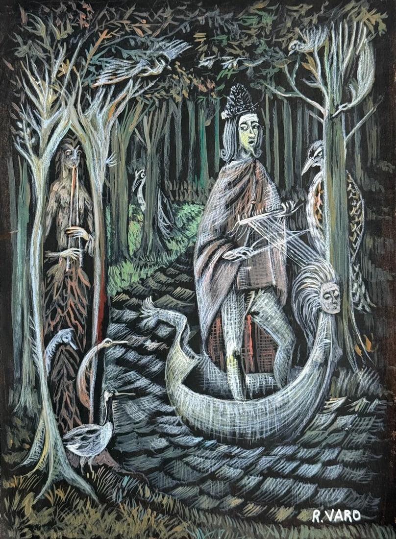 Remedios Varo (Drawing on Paper Painting) Style of: Drawing on paper 8 x 11 inches, rendered in the style of Remedios Varo between (16 Dec 1908 - 08 Oct 1963) was a Spanish surrealist painter, writer, and graphic artist. Her work features Surrealist wo