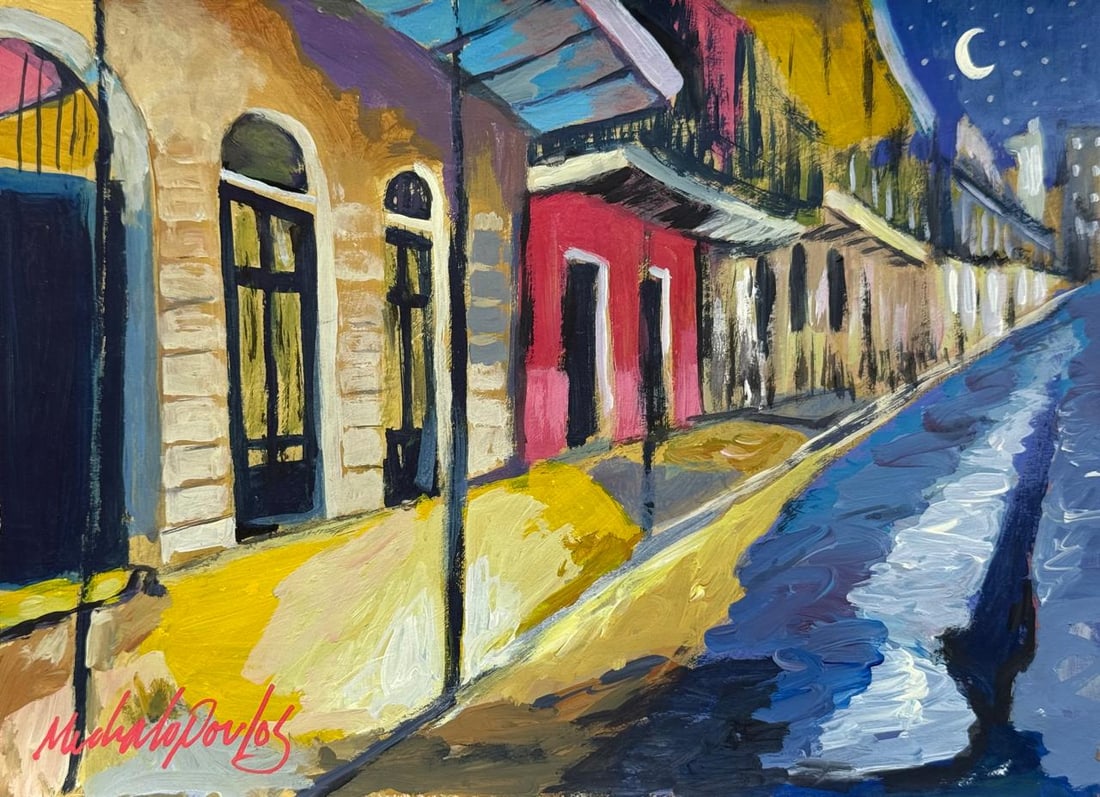 James Michalopoulos (Drawing on Paper Painting) Style of: Drawing on paper 8 x 11 inches, rendered in the style of James Michalopoulos born 1951, is an American painter and sculptor. He is best known for his colorful interpretations of New Orleans. Provenanc