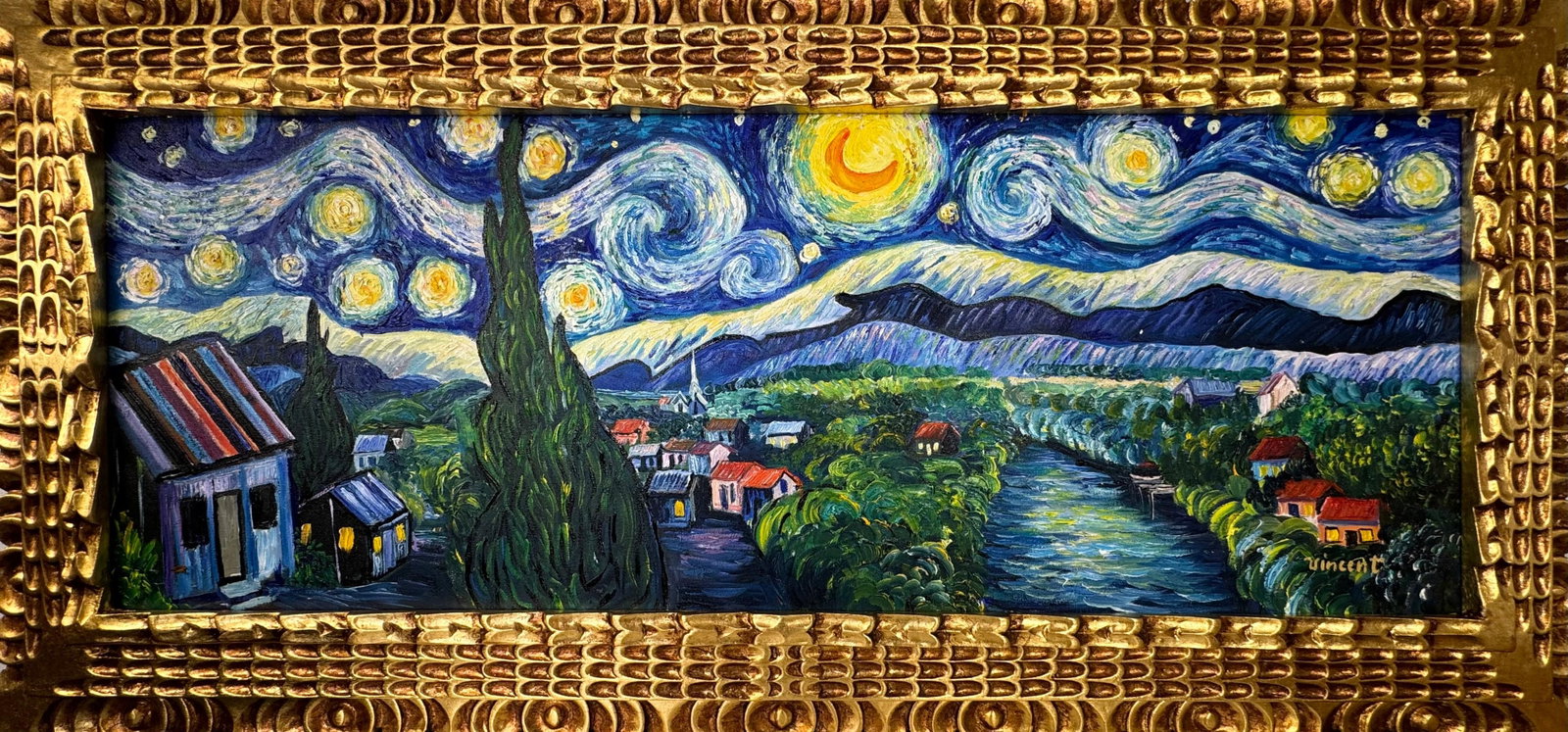 Vincent Van Gogh (Oil on canvas painting) Style of: Oil on canvas painting 17½ x 37½ inches, rendered in the style of Vincent Van Gogh (30 Mar 1853 - 29 Jul 1890) was a Dutch painter, generally considered to be the greatest after Rembrand