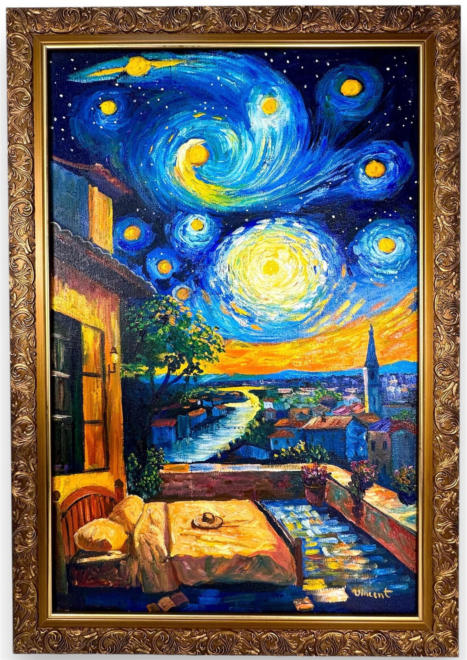 Vincent Van Gogh (Oil on canvas painting) Style of: Oil on canvas painting 19½ x 28½ inches, rendered in the style of Vincent Van Gogh (30 Mar 1853 - 29 Jul 1890) was a Dutch painter, generally considered to be the greatest after Rembrand