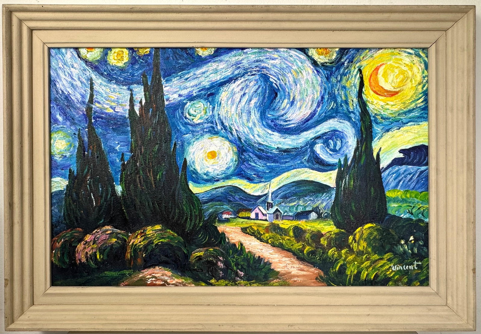 Vincent Van Gogh (Oil on canvas painting) Style of: Oil on canvas painting 22 x 31½ inches, rendered in the style of Vincent Van Gogh (30 Mar 1853 - 29 Jul 1890) was a Dutch painter, generally considered to be the greatest after Rembrandt van Ri