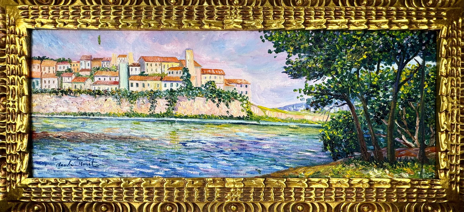 Claude Monet French (Oil on canvas painting) Style of: Oil on canvas painting 17½ x 37½ inches, rendered in the style of Claude Monet (14 Nov 1840 - 05 Dec 1926) was a French painter and founder of impressionist painting who is seen as a key