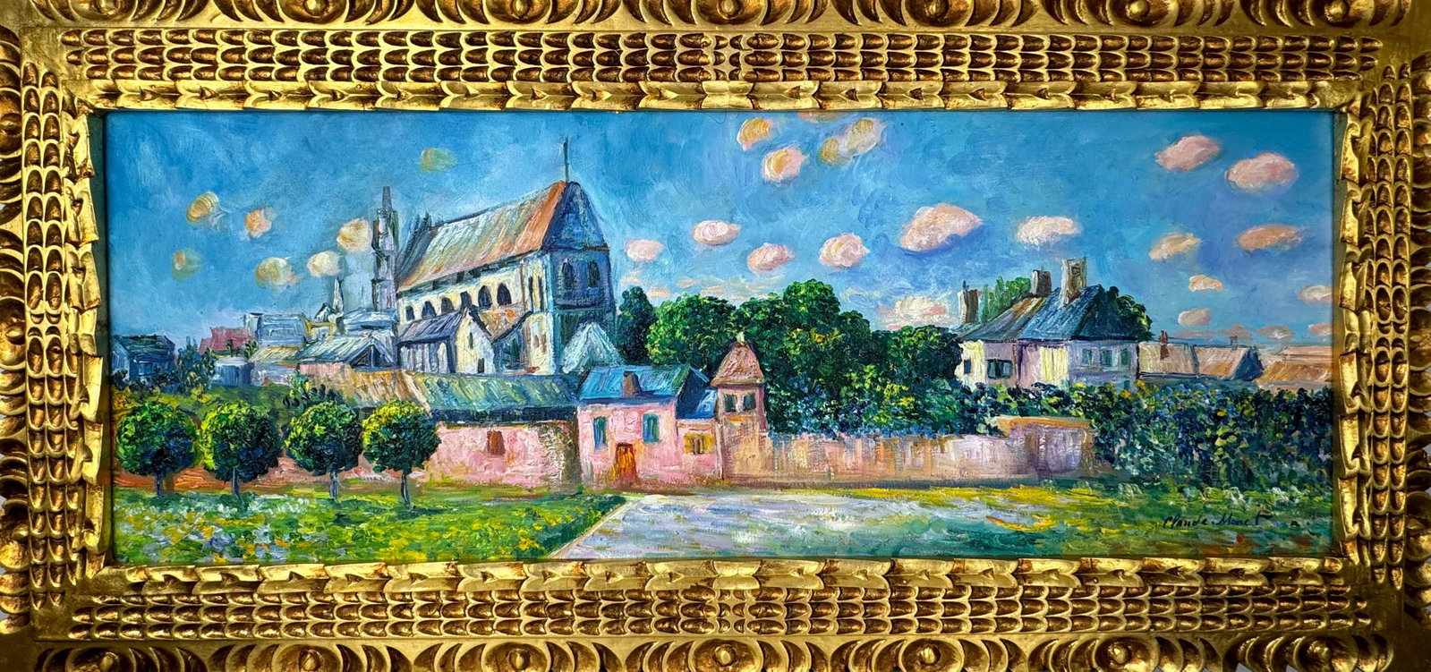 Claude Monet French (Oil on canvas painting) Style of: Oil on canvas painting 17½ x 37½ inches, rendered in the style of Claude Monet (14 Nov 1840 - 05 Dec 1926) was a French painter and founder of impressionist painting who is seen as a key