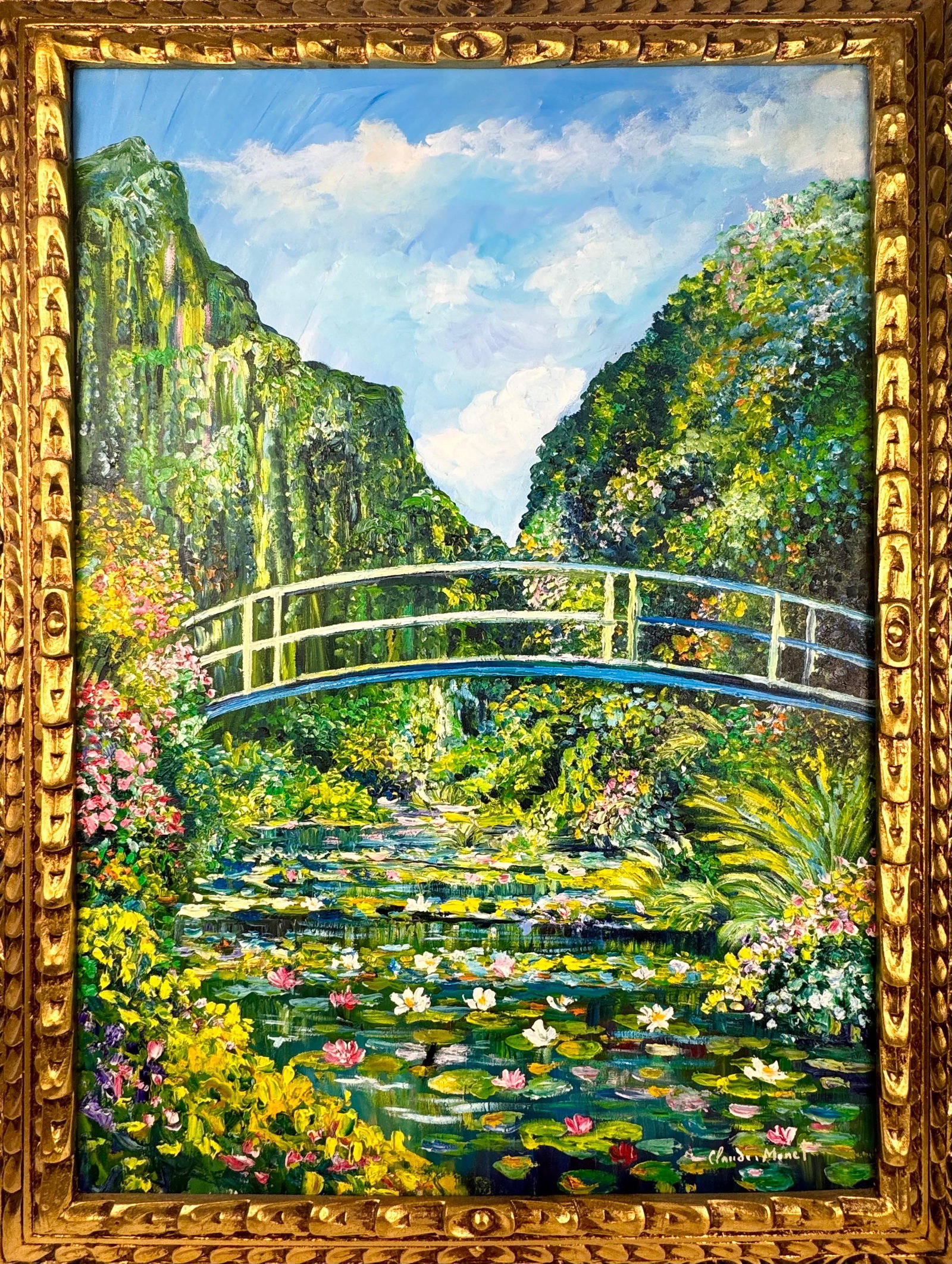 Claude Monet French (Oil on canvas painting) Style of: Oil on canvas painting 25 x 33 inches, rendered in the style of Claude Monet (14 Nov 1840 - 05 Dec 1926) was a French painter and founder of impressionist painting who is seen as a key precursor to mo