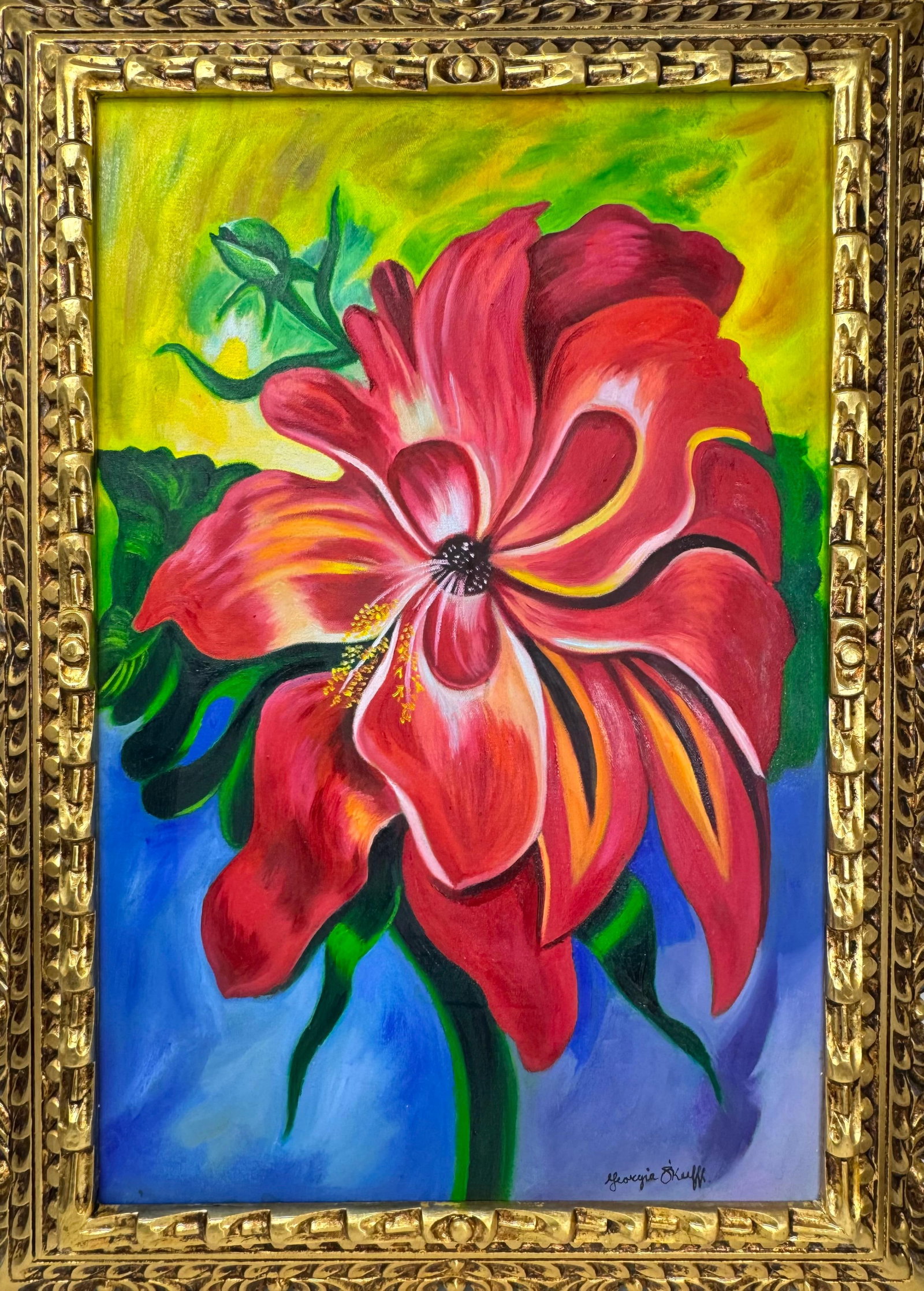 Georgia O'Keeffe (Oil on canvas painting) Style of: Oil on canvas painting 21 x 29 inches, rendered in the style of Georgia O'Keeffe 15 Nov 1887 - 06 Mar 1986) was an American modernist painter and draftswoman whose career spanned seven decades and who