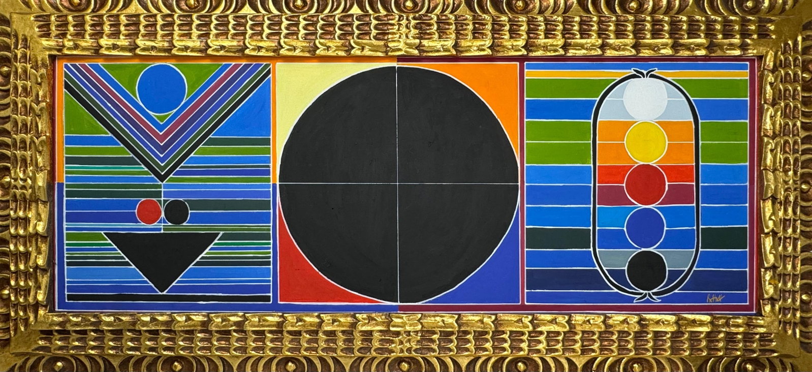S. H. Raza (Oil on canvas painting) Style of: Oil on canvas painting 17½ x 37 inches, rendered in the style of S. H. Raza (22 Feb 1922 - 23 Jul 2016) was an Indian painter who lived and worked in France for most of his career. Provenance: 