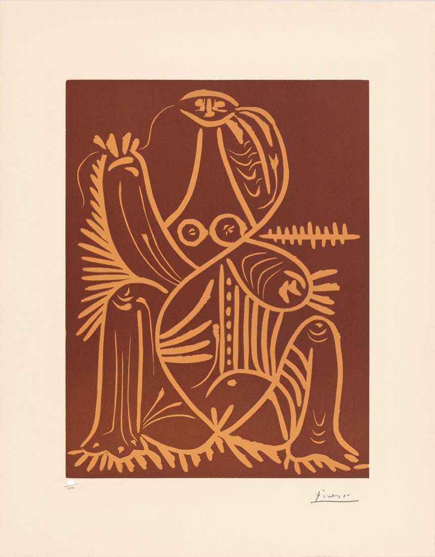 PABLO PICASSO - "FEMME ASSISE EN PYJAMA DE PLAGE II" - Signed colourlinocut (1 of 4)