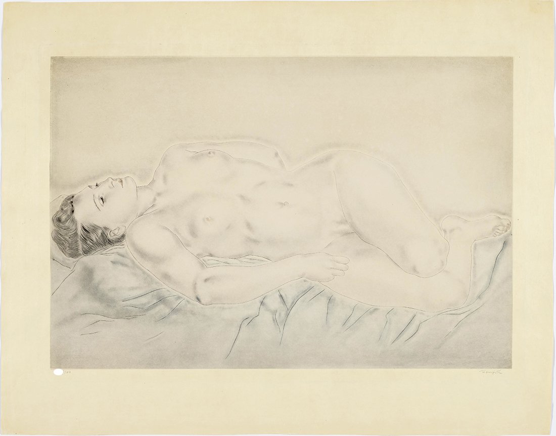 TSUGUHARU FOUJITA - "NU ETENDU" - Signed aquatint: TSUGUHARU FOUJITA (1886 - 1968) "NU ETENDU" Year: 1930 Colour aquatint on japan paper Dimensions : 54x68 cm Signed and numbered in pencil XX/100 Published by editions Artistique Apollo Literature : Bu