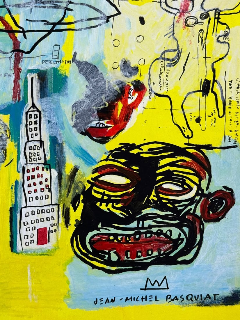 Jean-Michel Basquiat (Drawing on Paper Painting) Style of: Drawing on paper 8 x 12 inches, rendered in the style of Jean-Michel Basquiat (22 Dec 1960 - 12 Aug 1988) was an American artist who rose to success during the 1980s as part of the Neo-expressionism m