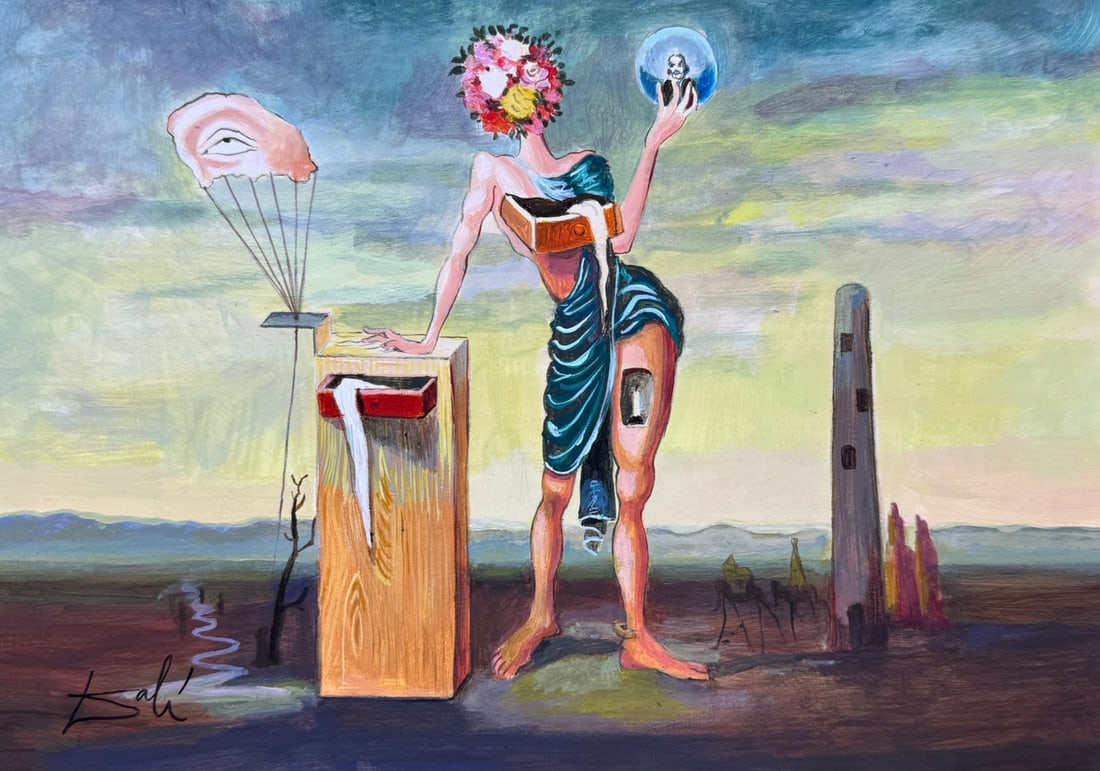 Salvador Dali Spanish (Drawing on Paper Painting) Style of: Drawing on paper 8½ x 12 inches, rendered in the style of Salvador Dali between (11 May 1904 - 23 Jan 1989) was a Spanish surrealist artist, painter and printmaker, influential for his explorat