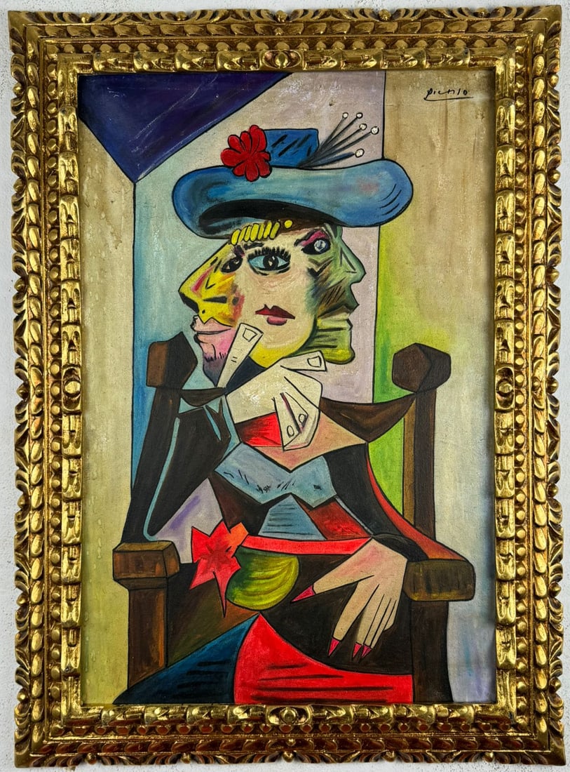 Pablo Picasso Spanish (Oil on canvas painting) Style of: Oil on canvas painting 21 x 29 inches, rendered in the style of Pablo Picasso (25 Oct 1881 - 08 Apr 1973) was a Spanish painter,he grew up in Barcelona, showing artistic talent at an early age. Proven