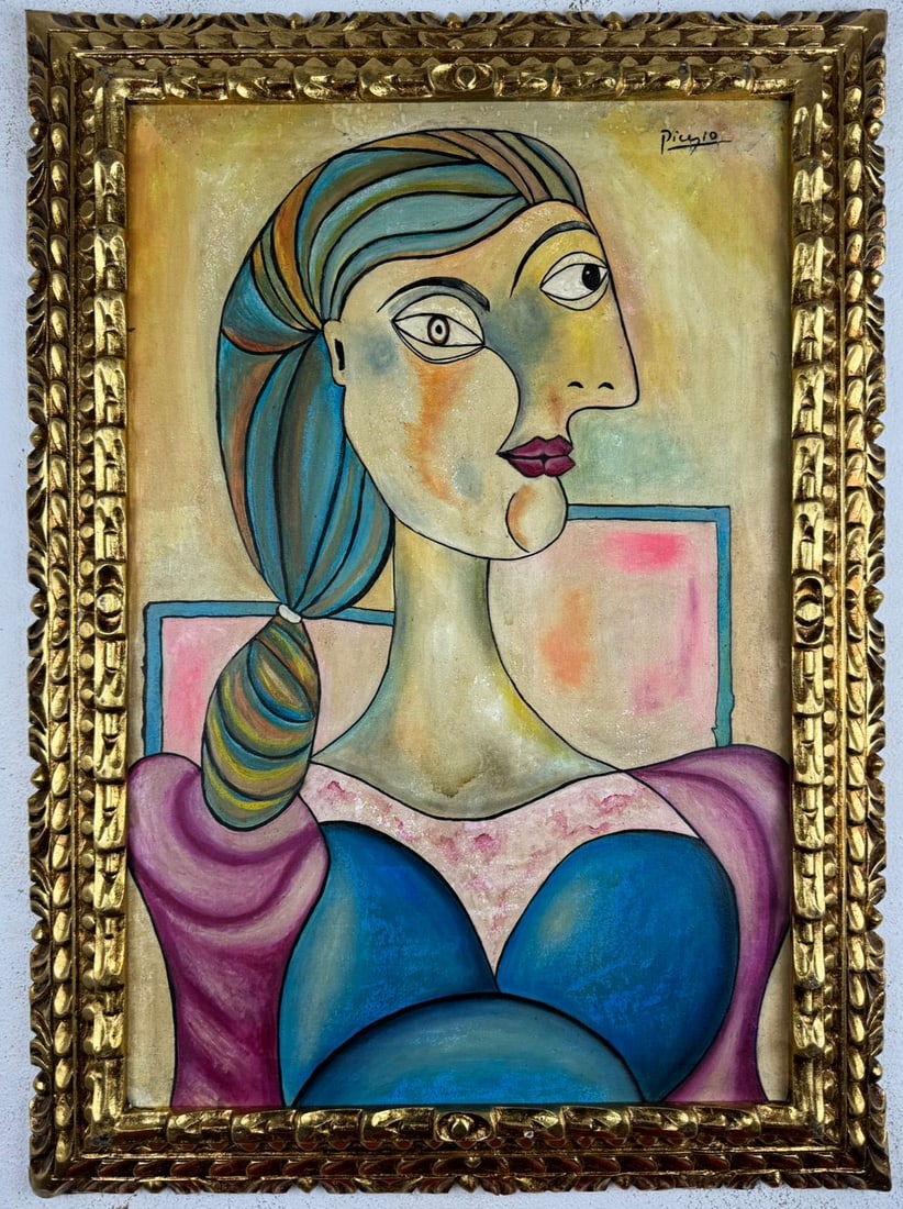 Pablo Picasso Spanish (Oil on canvas painting) Style of: Oil on canvas painting 21 x 29 inches, rendered in the style of Pablo Picasso (25 Oct 1881 - 08 Apr 1973) was a Spanish painter,he grew up in Barcelona, showing artistic talent at an early age. Proven