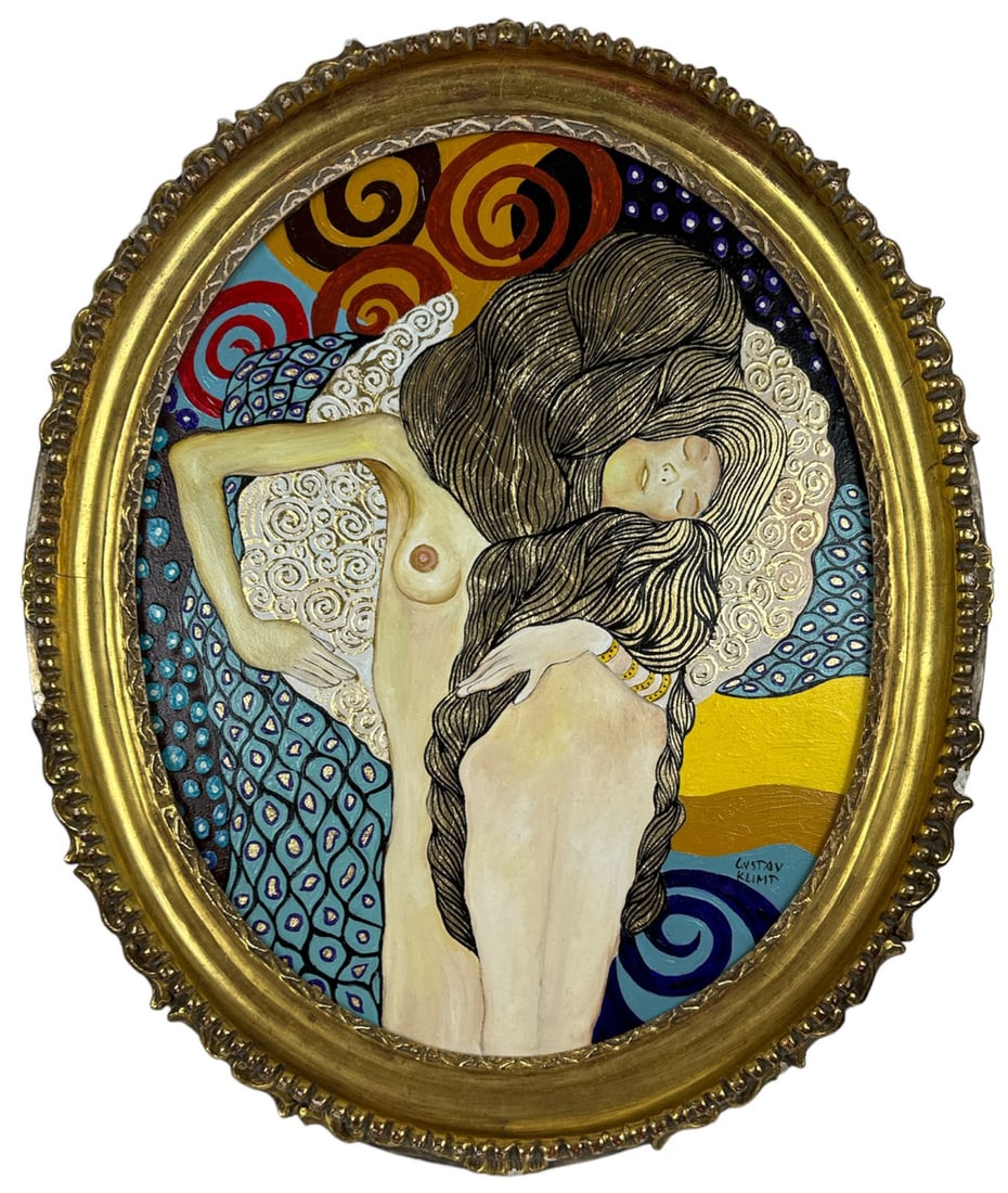 Gustav Klimt (Oil on wood painting) Style of: Oil on wood painting 23 1/2 x 27 1/2 inches, rendered in the style of Gustav Klimt (14 Jul 1862 - 06 Feb 1918) was an Austrian symbolist painter and one of the most prominent members of the Vienna Sec