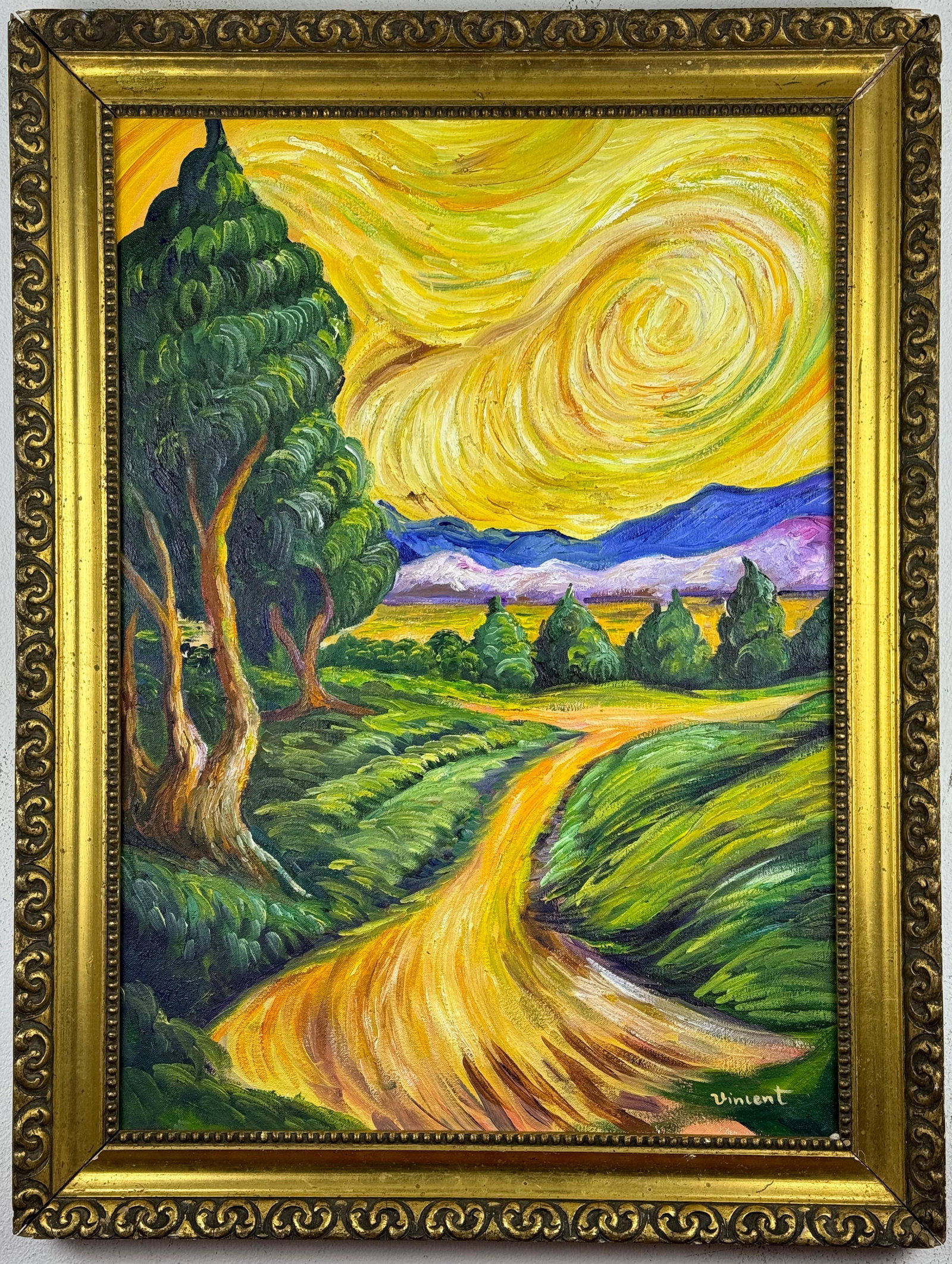 Vincent Van Gogh (Oil on canvas painting) Style of: Oil on canvas painting 24½ x 32½ inches, rendered in the style of Vincent Van Gogh (30 Mar 1853 - 29 Jul 1890) was a Dutch painter, generally considered to be the greatest after Rembrand