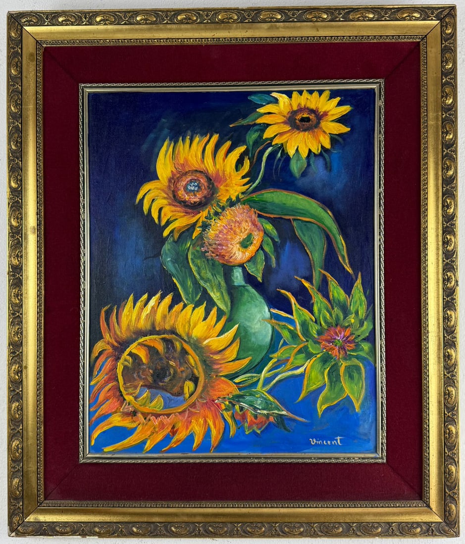 Vincent van Gogh (Oil on wood painting) Style of: Oil on wood painting 23 x 27 inches, rendered in the style of Vincent van Gogh (30 Mar 1853- 29 Jul 1890) was a Dutch painter, generally considered to be the greatest after Rembrandt van Rijn, and one