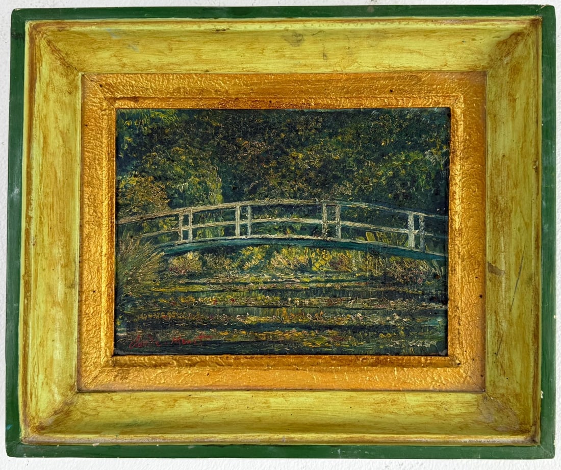 Claude Monet French (Oil on canvas painting) Style of: Oil on canvas painting 11 x 13 inches, rendered in the style of Claude Monet (14 Nov 1840 - 05 Dec 1926) was a French painter and founder of impressionist painting who is seen as a key precursor to mo