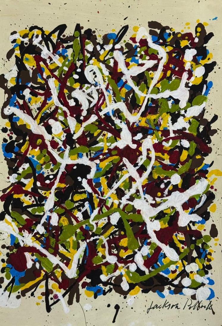 Jackson Pollock (Drawing on Paper Painting) Style of: Drawing on paper 8½ x 12 inches, rendered in the style of Jackson Pollock (28 Jan 1912 - 11 Aug 1956) was an American painter. A major figure in the abstract expressionist movement, Pollock was