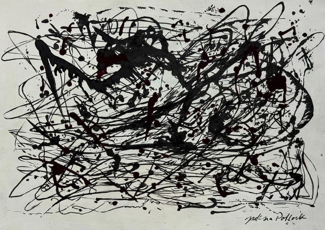 Jackson Pollock (Drawing on Paper Painting) Style of: Drawing on paper 8½ x 12 inches, rendered in the style of Jackson Pollock (28 Jan 1912 - 11 Aug 1956) was an American painter. A major figure in the abstract expressionist movement, Pollock was