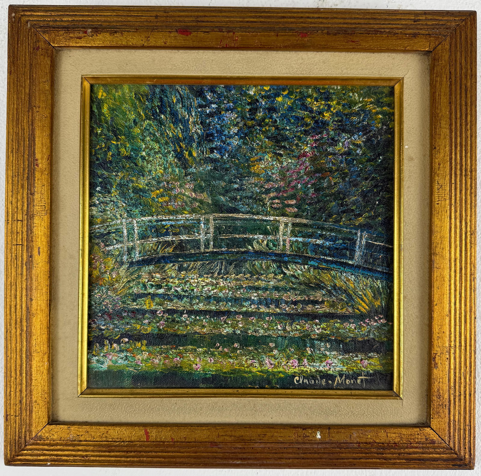 Claude Monet French (Oil on canvas painting) Style of: Oil on canvas painting 13 x 13 inches, rendered in the style of Claude Monet (14 Nov 1840 - 05 Dec 1926) was a French painter and founder of impressionist painting who is seen as a key precursor to mo