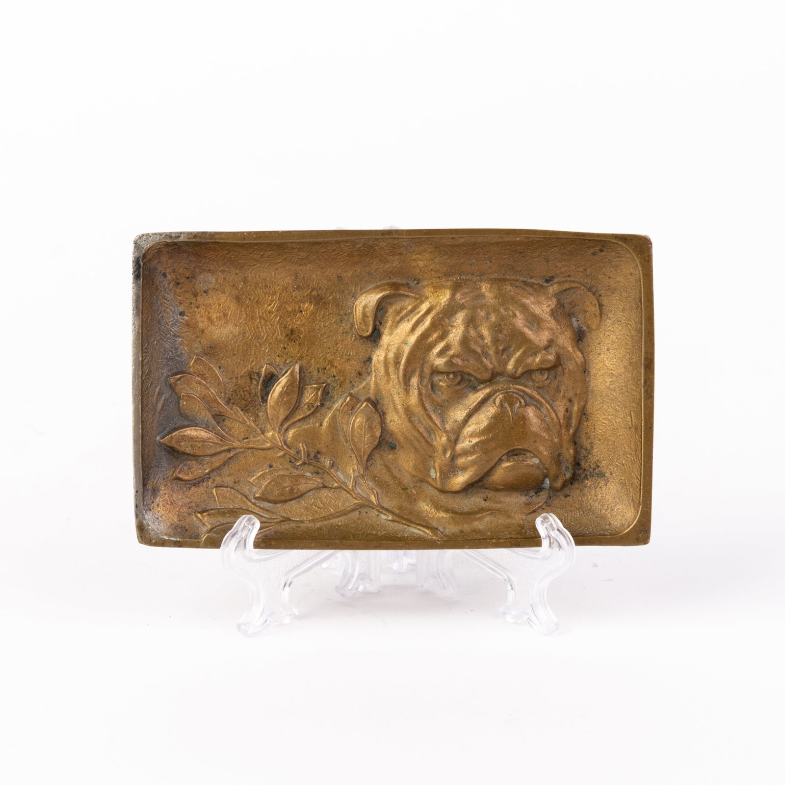 Victorian English Bas Relief Bronze Bulldog Vide Poche Ashtray: DIMENSIONS APPROX 10x6x1CM.