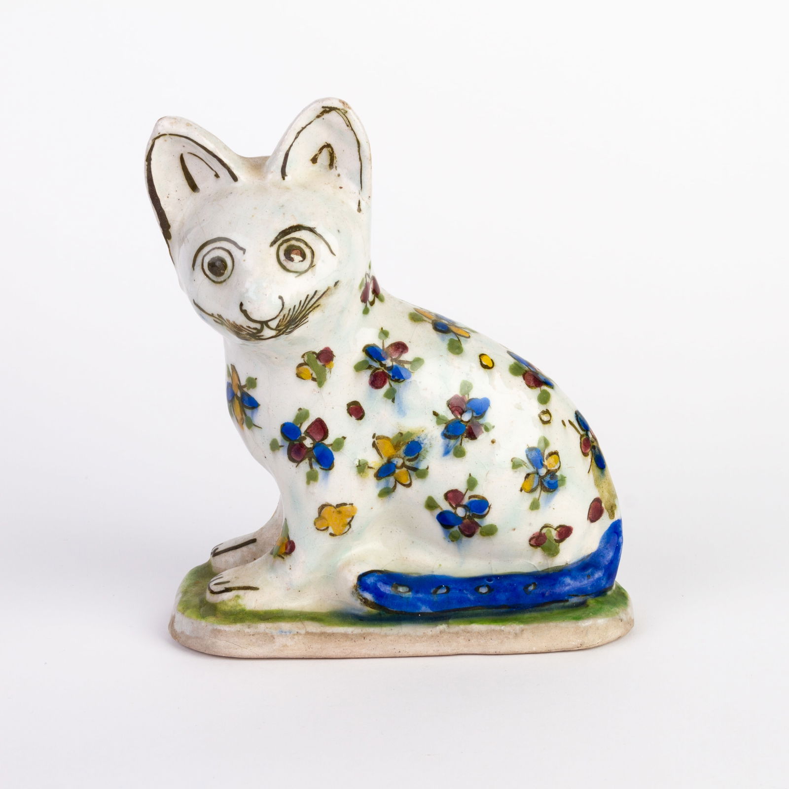 Staffordshire Polychrome Prattware Pottery Seated Cat Figure 19th Century (1 of 5)