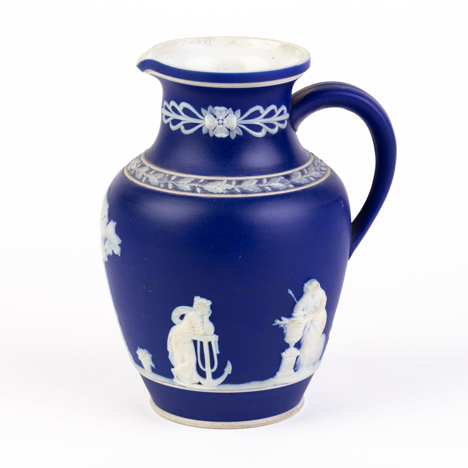 Wedgwood Portland Blue Jasperware Neoclassical Pitcher: DIMENSIONS APPROX 15x13x18CM.