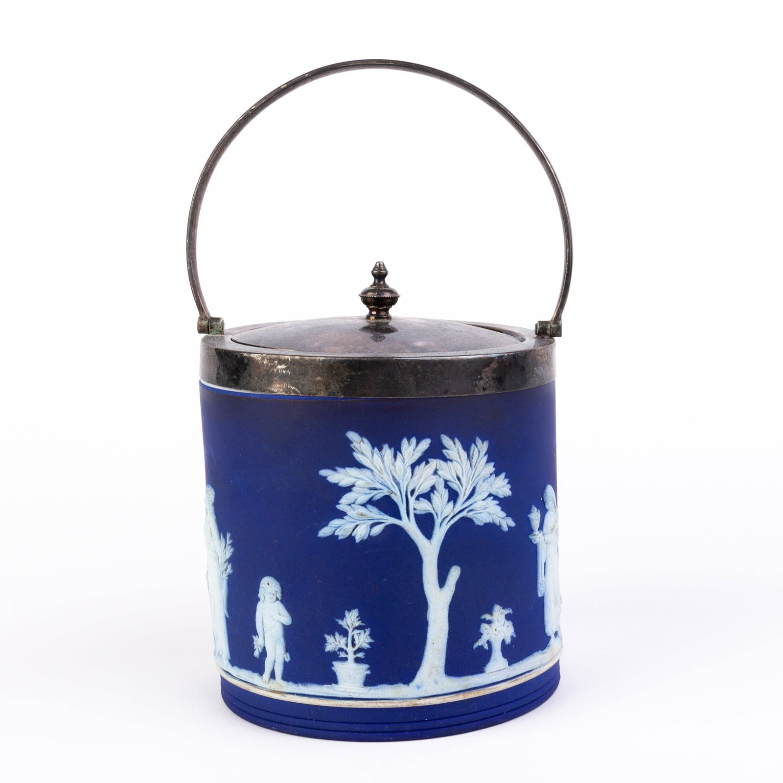 Wedgwood Portland Blue Jasperware Neoclassical Biscuit Barrel: DIMENSIONS APPROX 13x13x13CM.