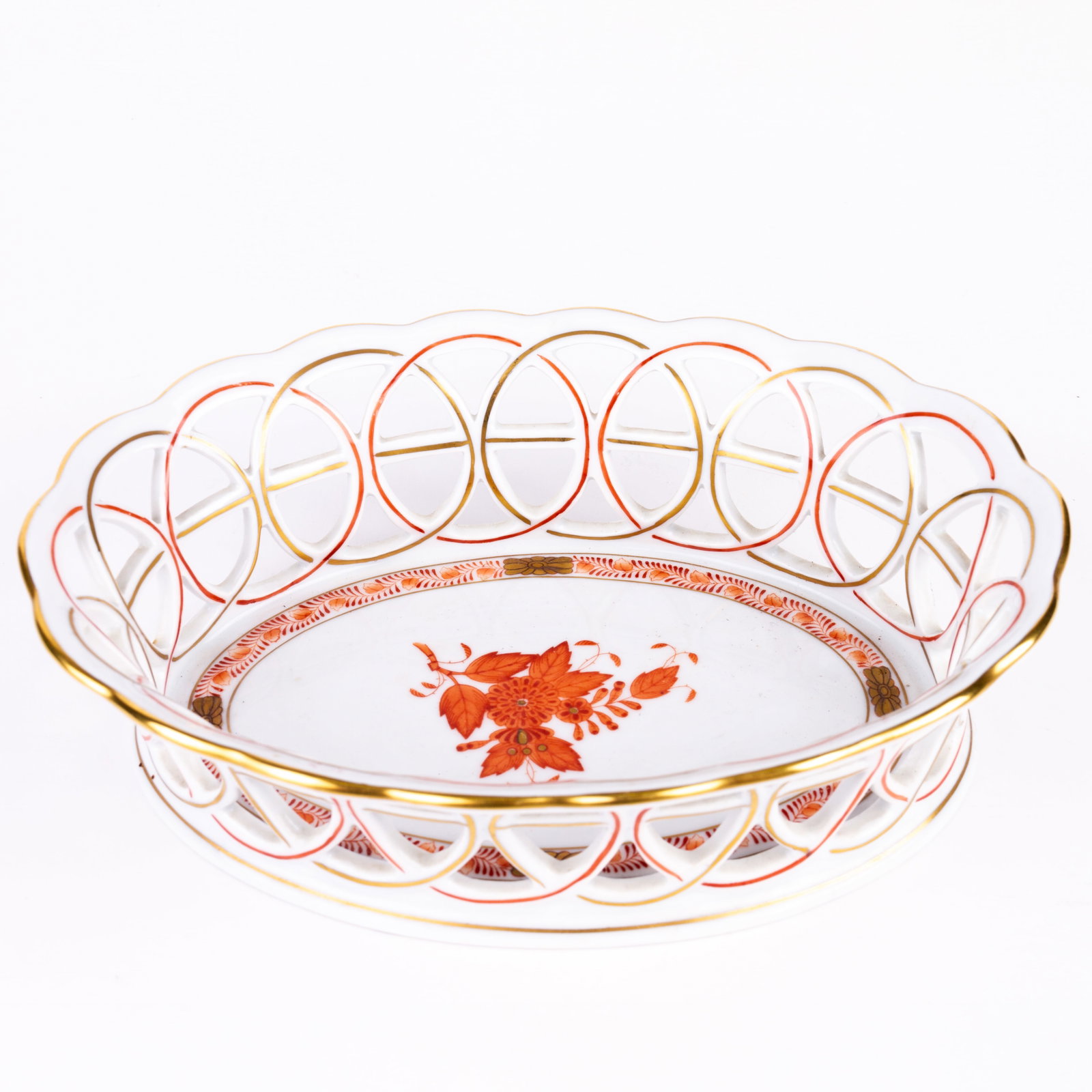 Herend Hungary Fine Porcelain Reticulated Basket: DIMENSIONS APPROX 21x16x6CM.