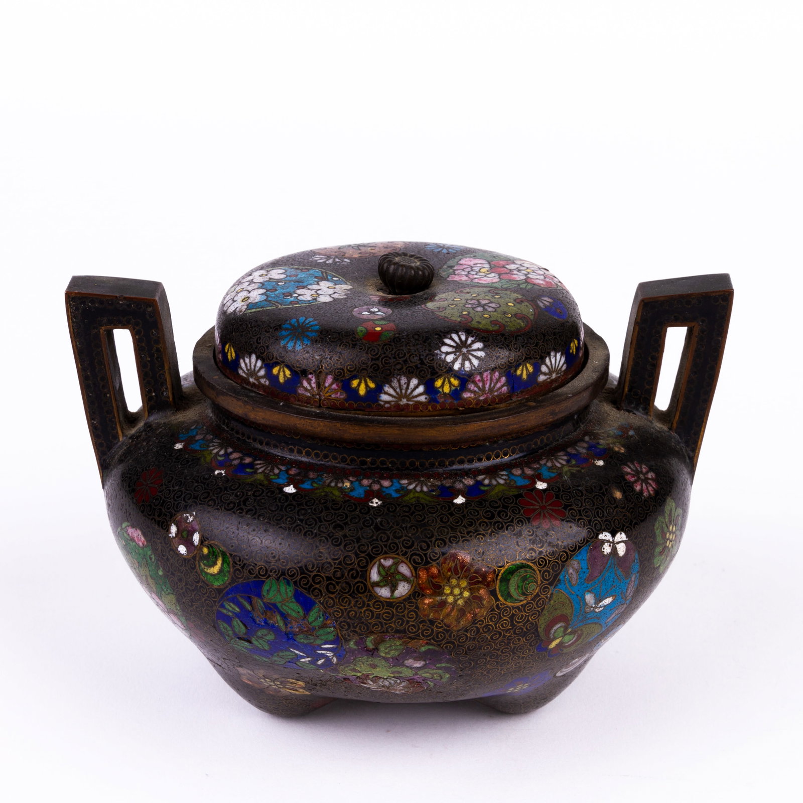Japanese Cloisonne Enamel Bronze Bowl 19th Century Meiji: DIMENSIONS APPROX 10x14x12CM.