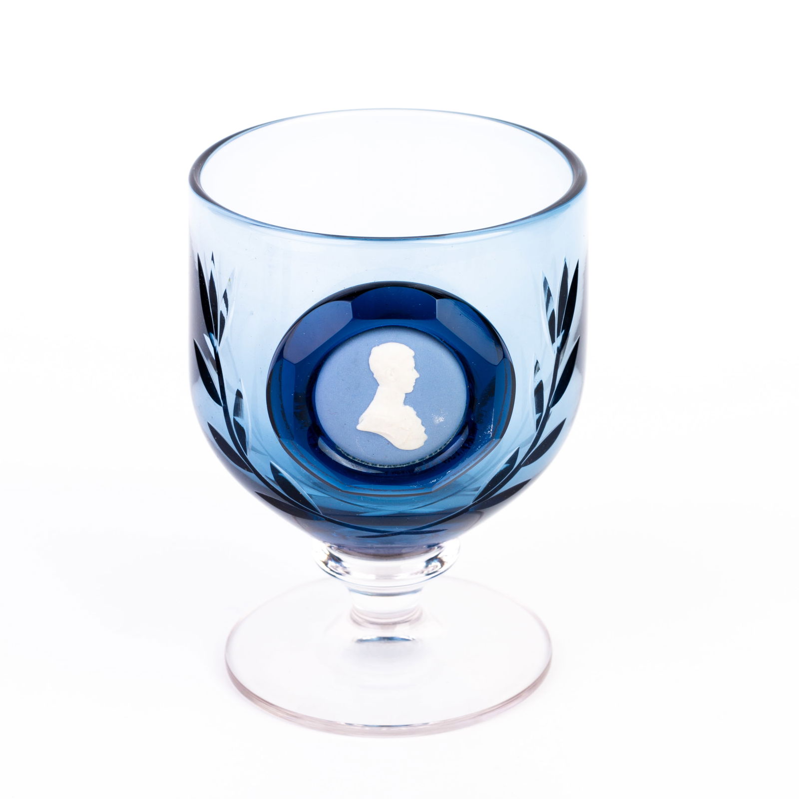 Wedgwood Blue Glass Cameo Portrait Goblet Prince Charles: DIMENSIONS APPROX 9.5x9.5x13CM.