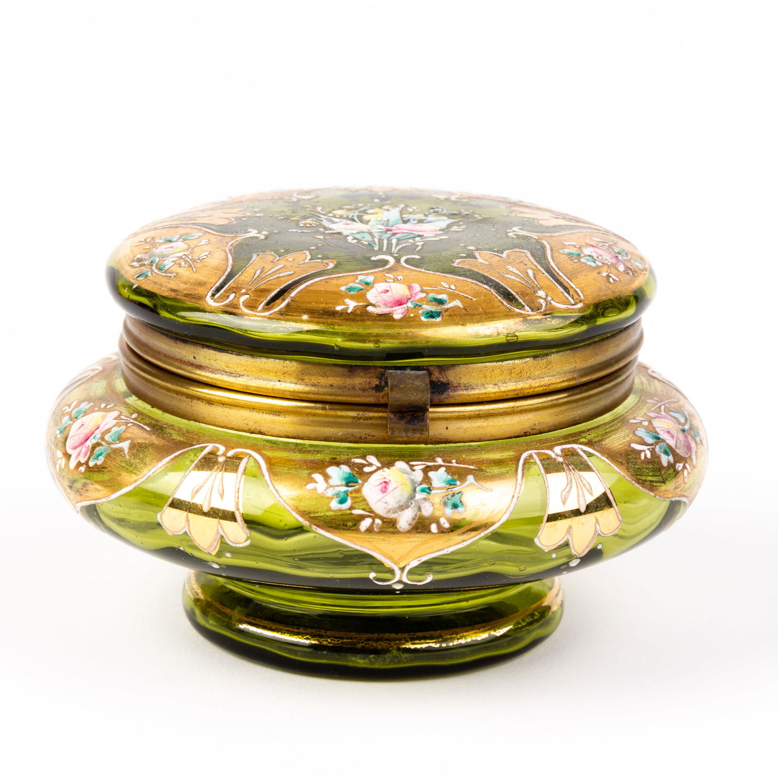 Bohemian 24KT Gold Enamel Glass Trinket Box: DIMENSIONS APPROX 12x12x7CM.