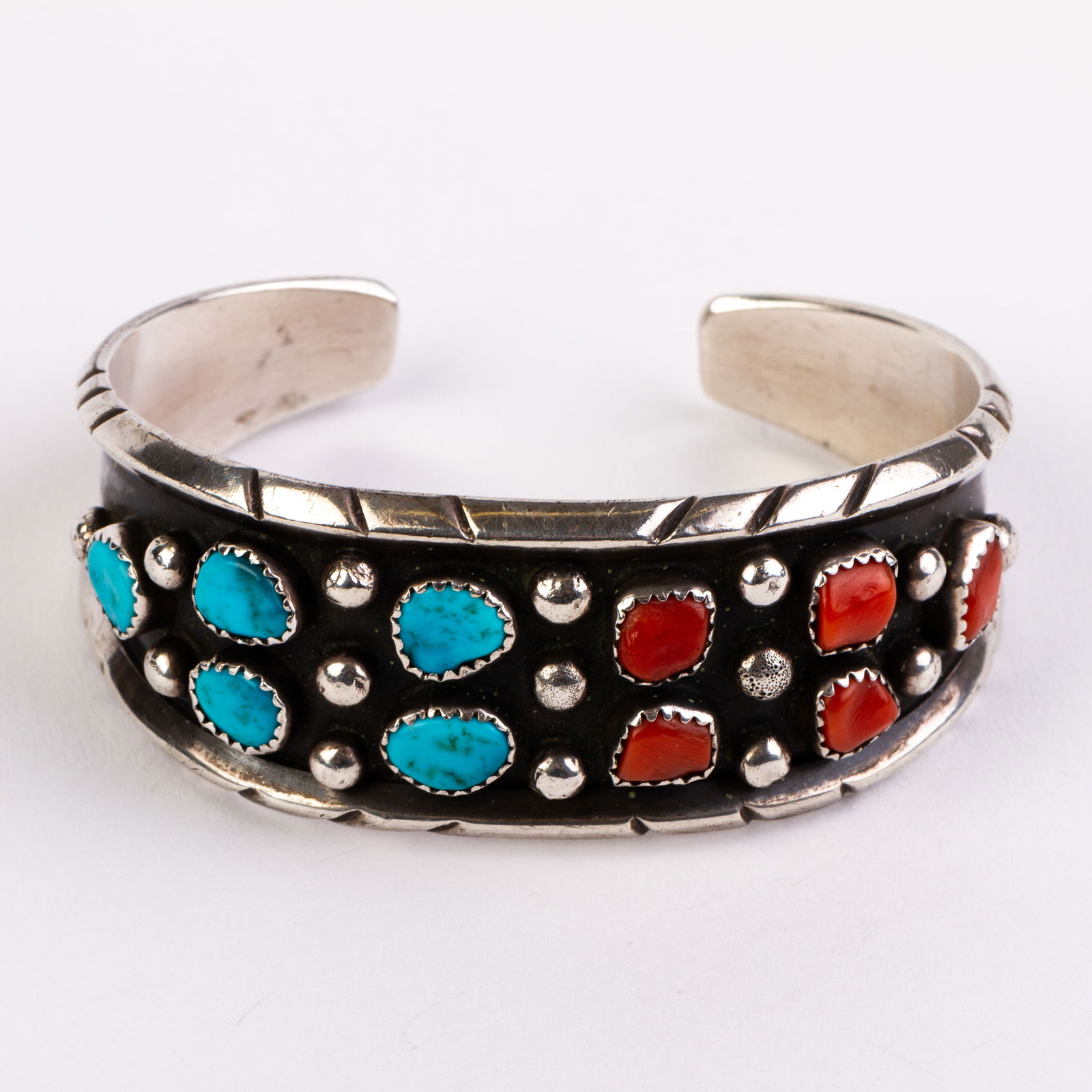 Navajo Native American Natural Turquoise & Coral Sterling Silver Bangle (1 of 5)