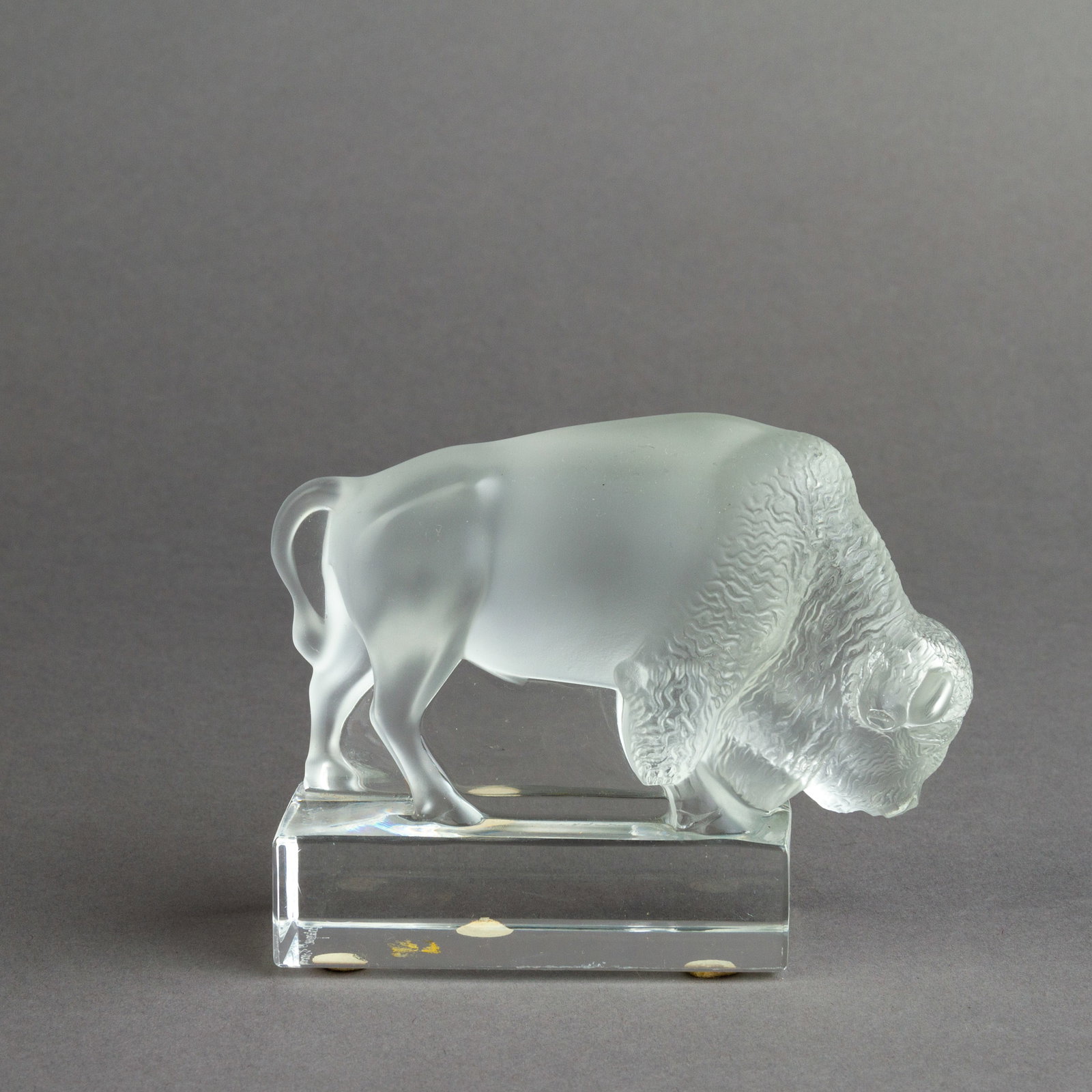 Signed French Lalique Frosted Glass Buffalo Sculpture: DIMENSIONS APPROX 9.5x12x4CM.
