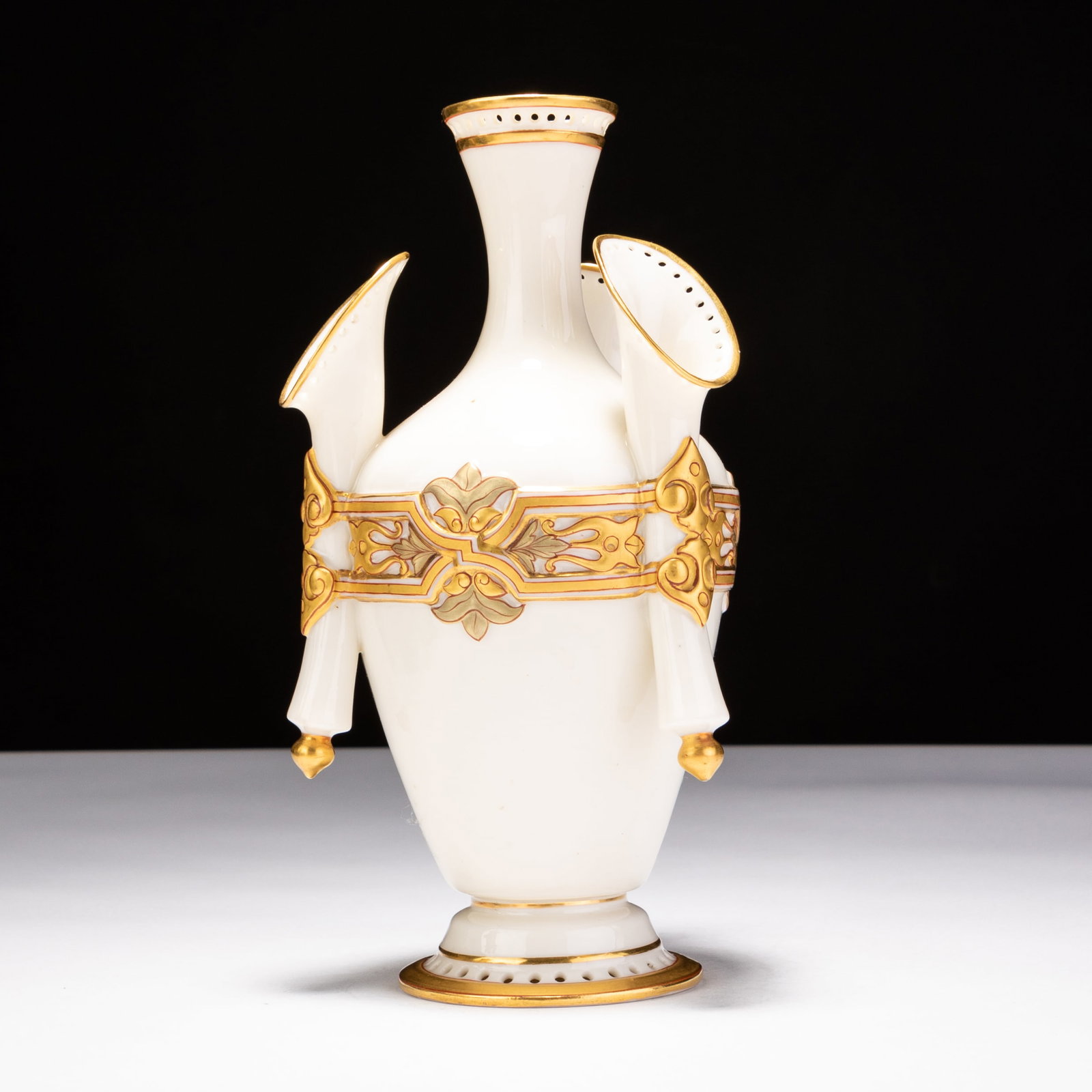 Royal Worcester Gilt Porcelain Multi Spill Vase ca. 1881: MEASURES APPROX 20CM HIGH X 10.5CM.