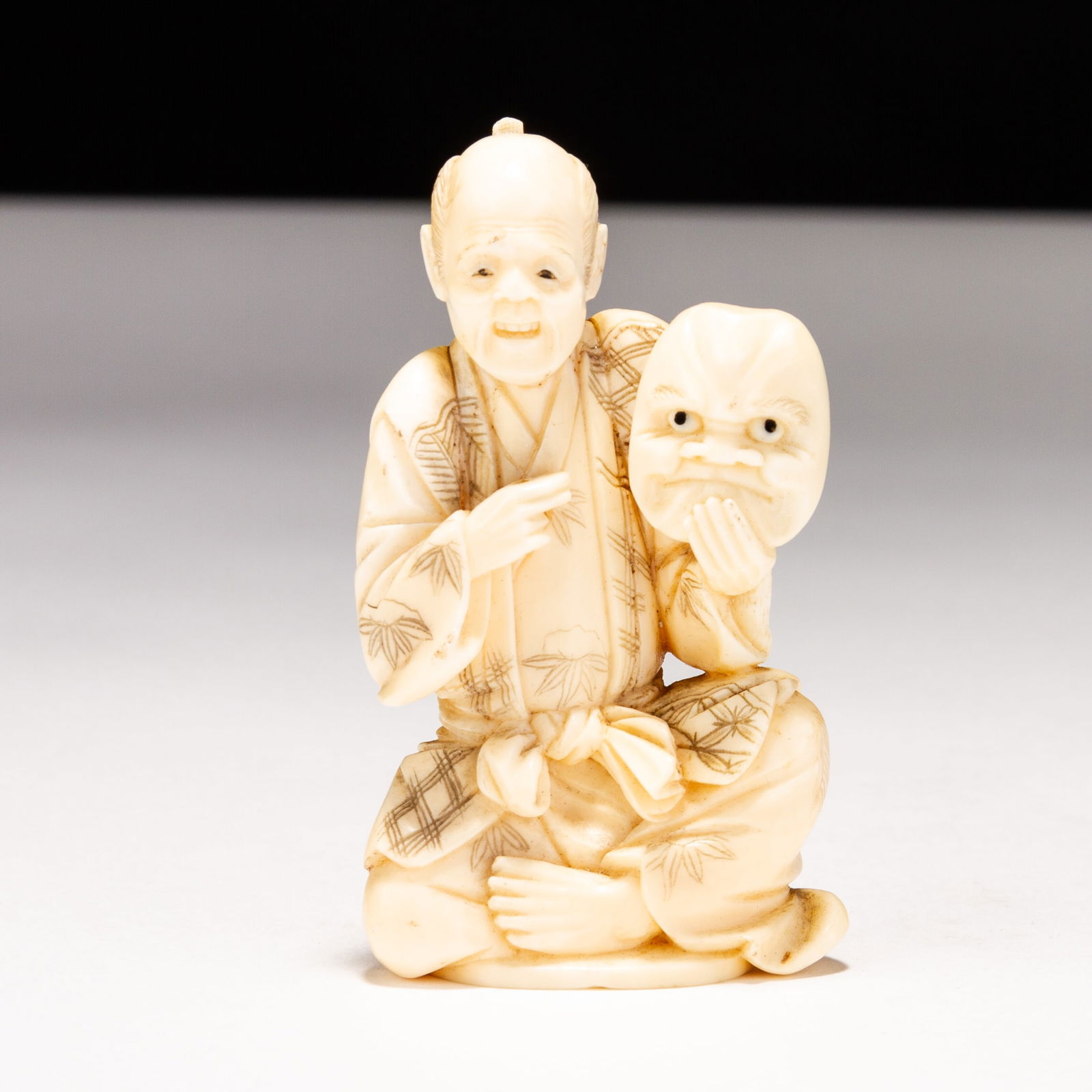 Japanese Signed Okimono Figure Meiji Old Man with Mask  (1 of 5)